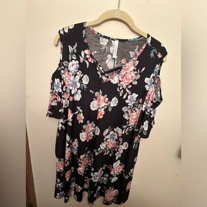 Watermelon brand knee length cold shoulder dress, gently worn, black w flora, 3x